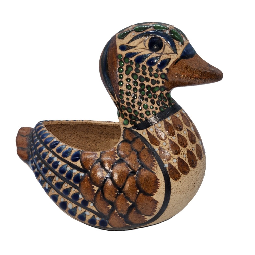 Mexican Tonala Pottery Duck Planter Figurine Bird Mexico Folk Art Signed